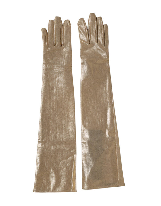 Beige Nylon Long Elbow Length Mitten Gloves