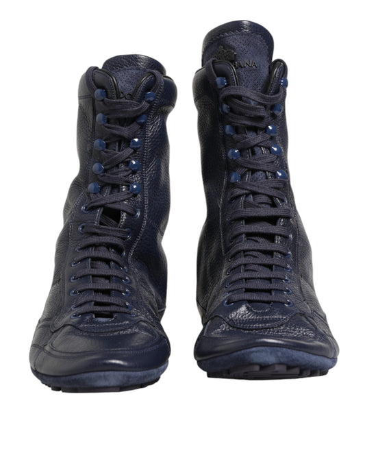 Dark Blue Deer Leather Mid Calf Boots Shoes