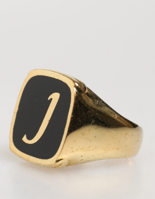Gold-Tone Real Brass Black Enamel "J" Adjustable Rings