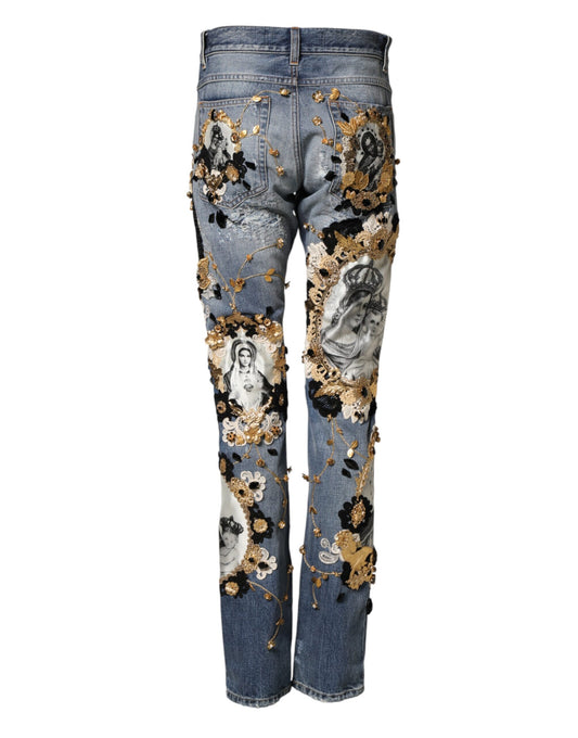 Blue Ripped Embellished Cotton Denim Jeans