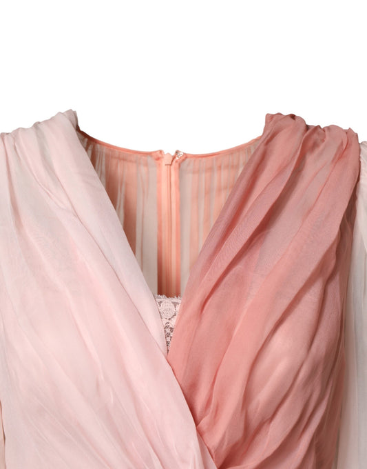 Pink Silk Tulle Long Sleeve V-neck Dress