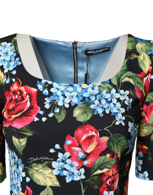 Black Floral Print Viscose Sheath Midi Dress
