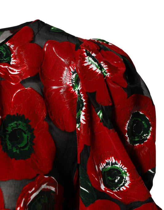 Red Floral Print Nylon A-line Midi Dress