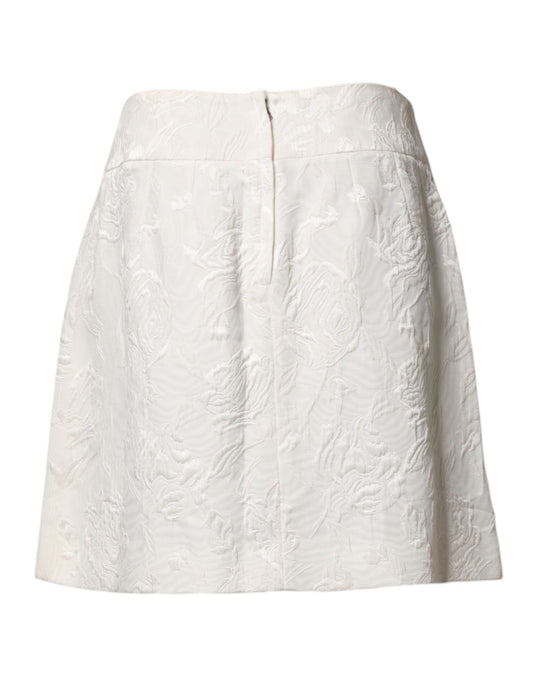 White Floral Brocade High Waist Mini Skirt