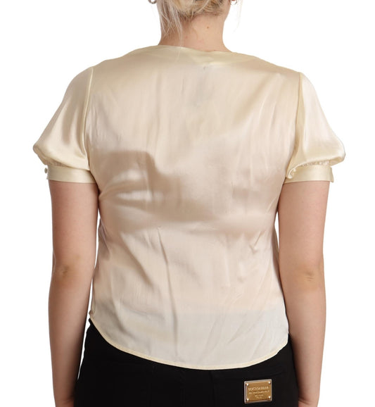 Blouse Off White Silk Short Sleeves V-neck Top