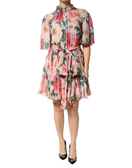 Multicolor Floral Silk Chiffon Pleated Mini Dress