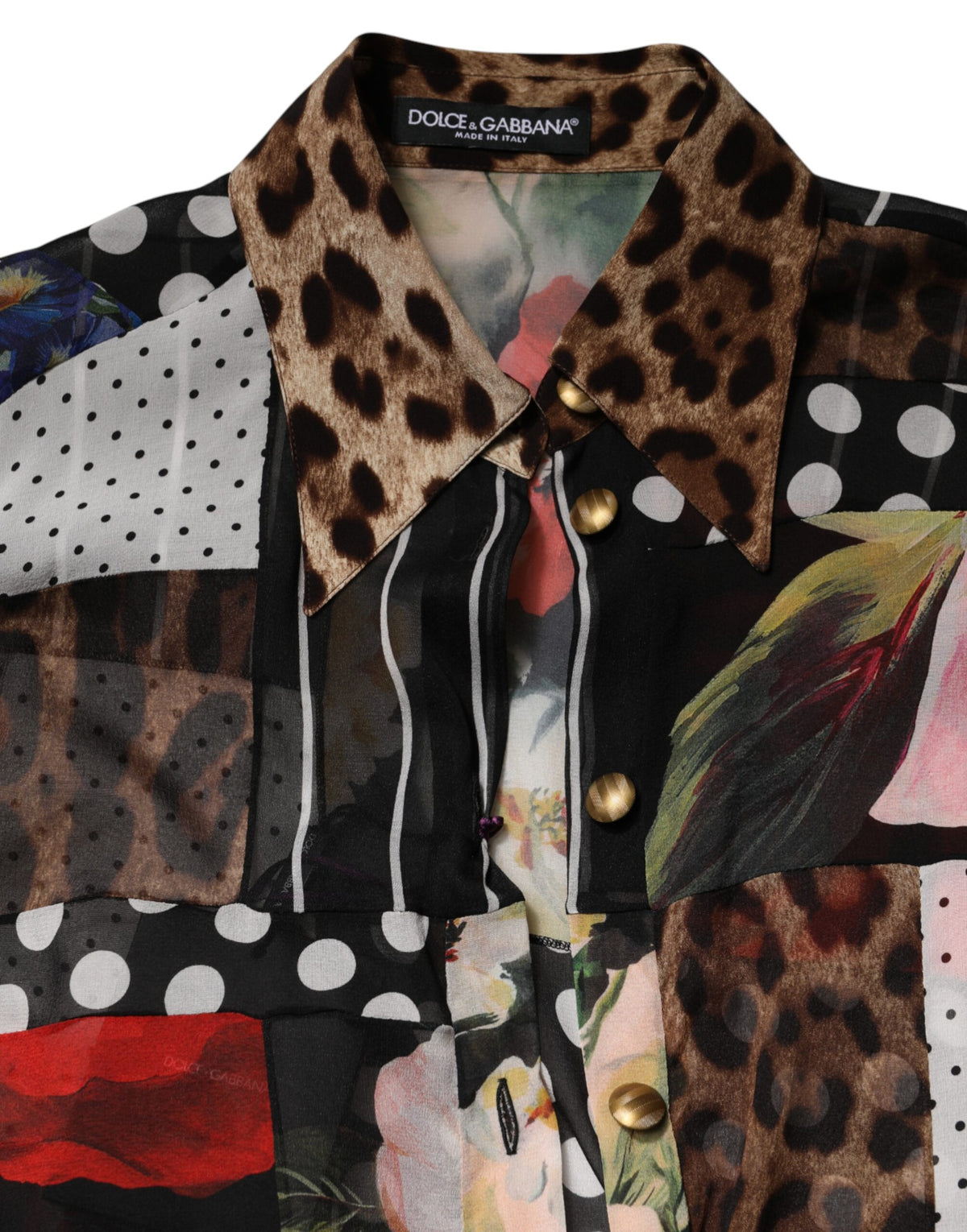Multicolor Patchwork Silk CollaredBlouse Top