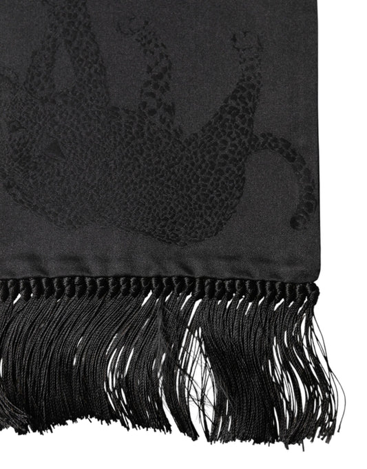 Black Satin Silk Fringes Neck Foulard Scarf