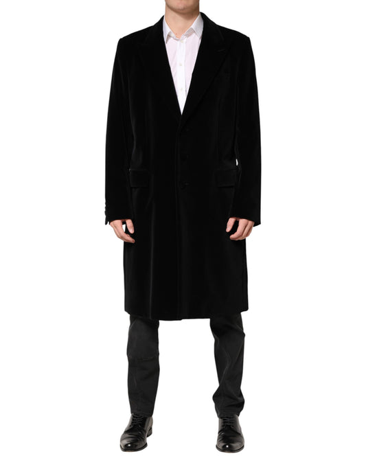 Black Cotton Velvet Long Trench Coat Jacket