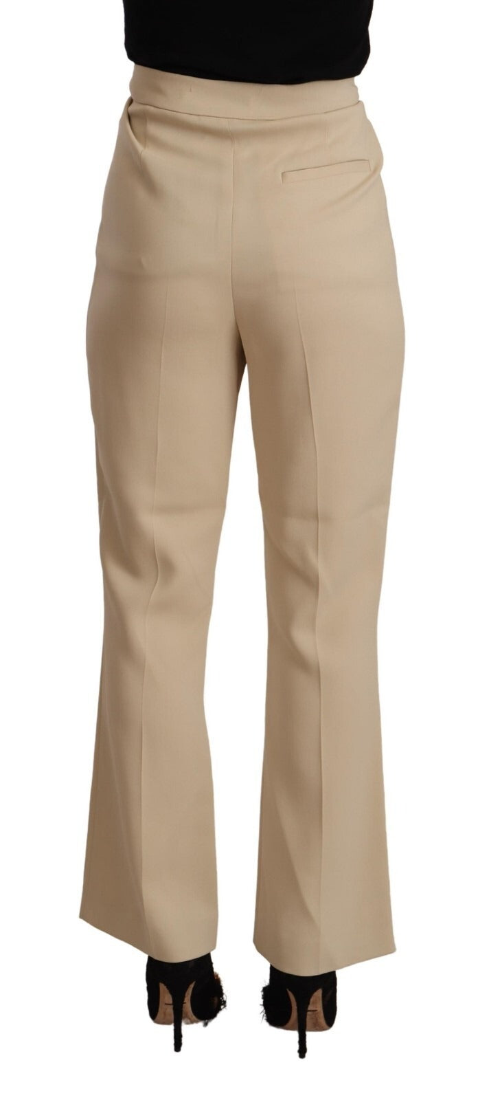 Beige Viscose High Waist Flared Dress Trouser Pants