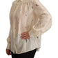 Off White 100% Silk Long Sleeves Collared Top Blouse