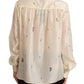 Off White 100% Silk Long Sleeves Collared Top Blouse