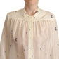 Off White 100% Silk Long Sleeves Collared Top Blouse