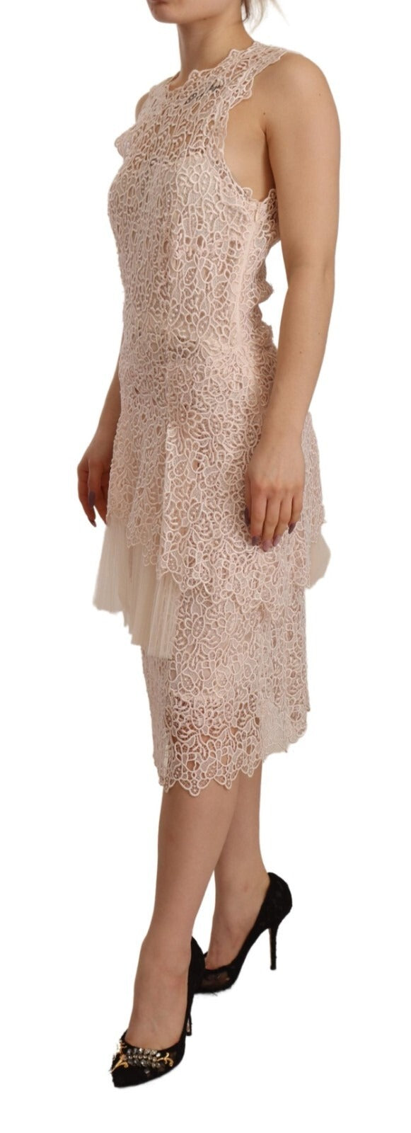 Sheath Tiered Beige Viscose Sleeveless Midi Dress