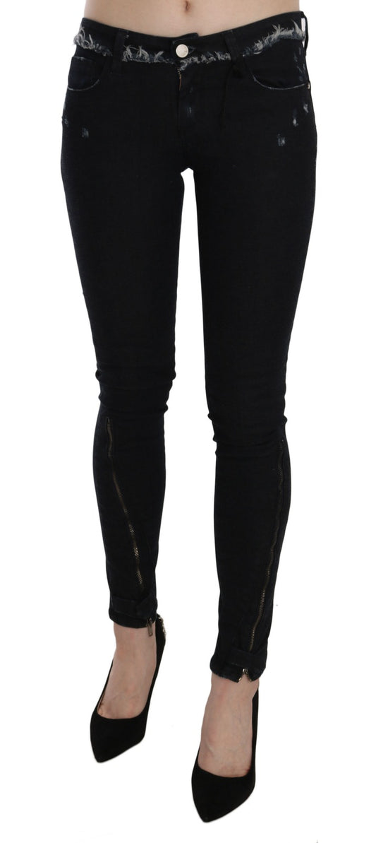 Black Low Waist Zipper Leg Skinny Denim Jeans