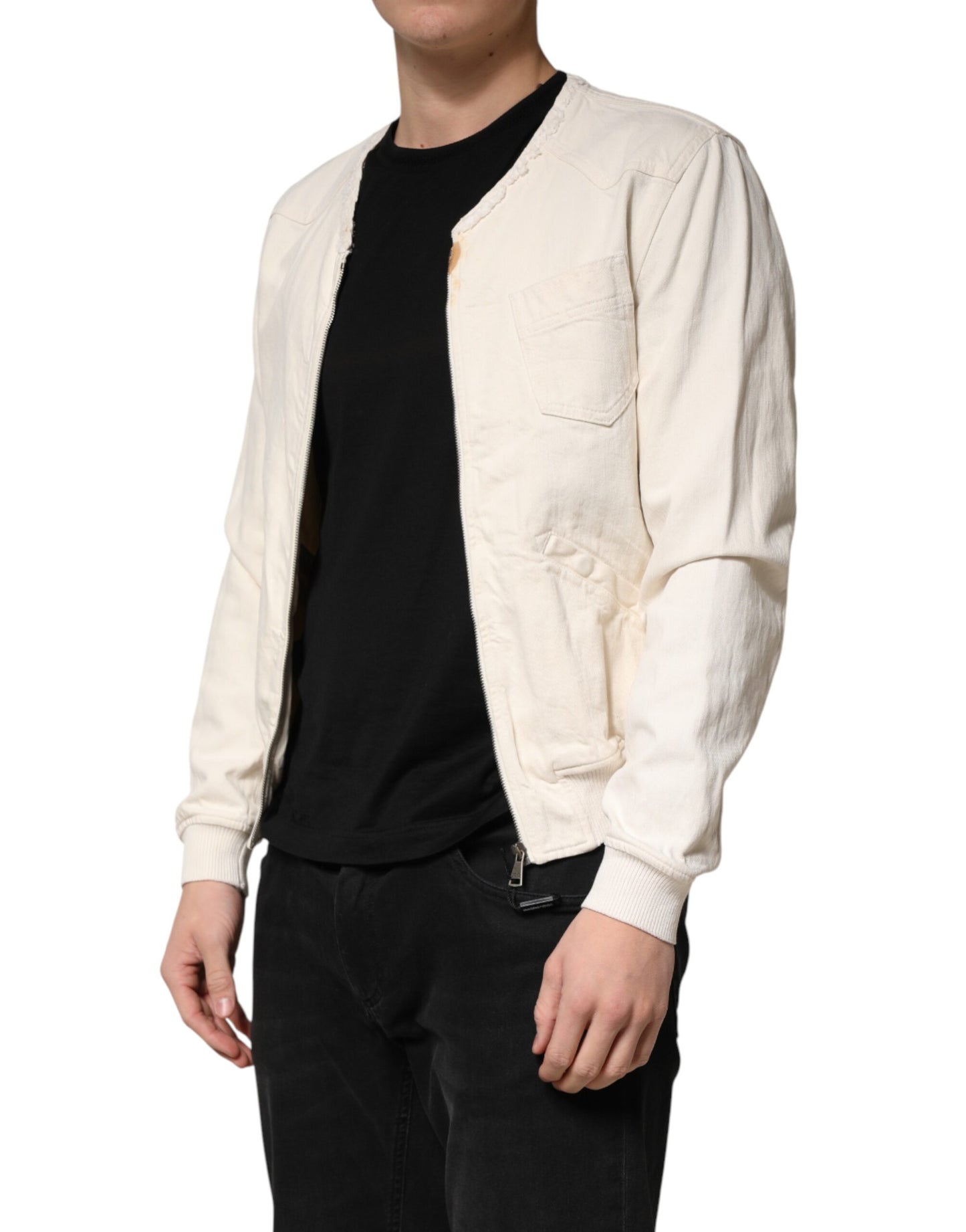 Off White Cotton Full Zip Denim Men Blouson Jacket