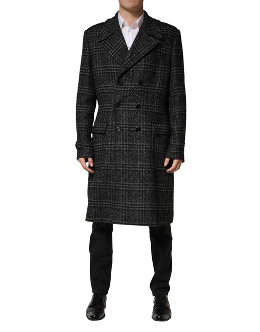 Grey Double Breasted Plaid Wool Coat Jacket