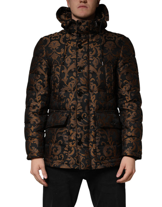 Black Floral Jacquard Quilted Hooded Jacket