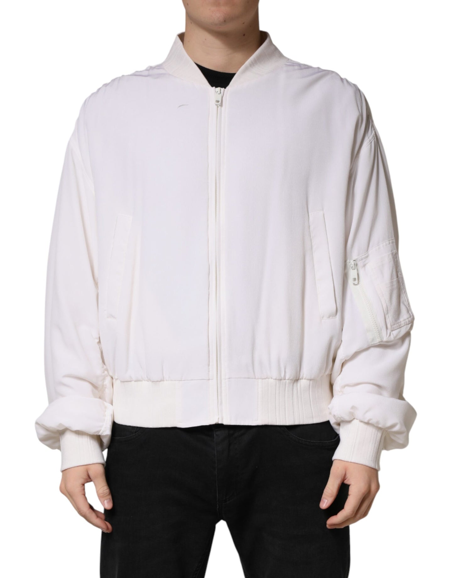 White Silk Full Zip Bomber Blouson Jacket