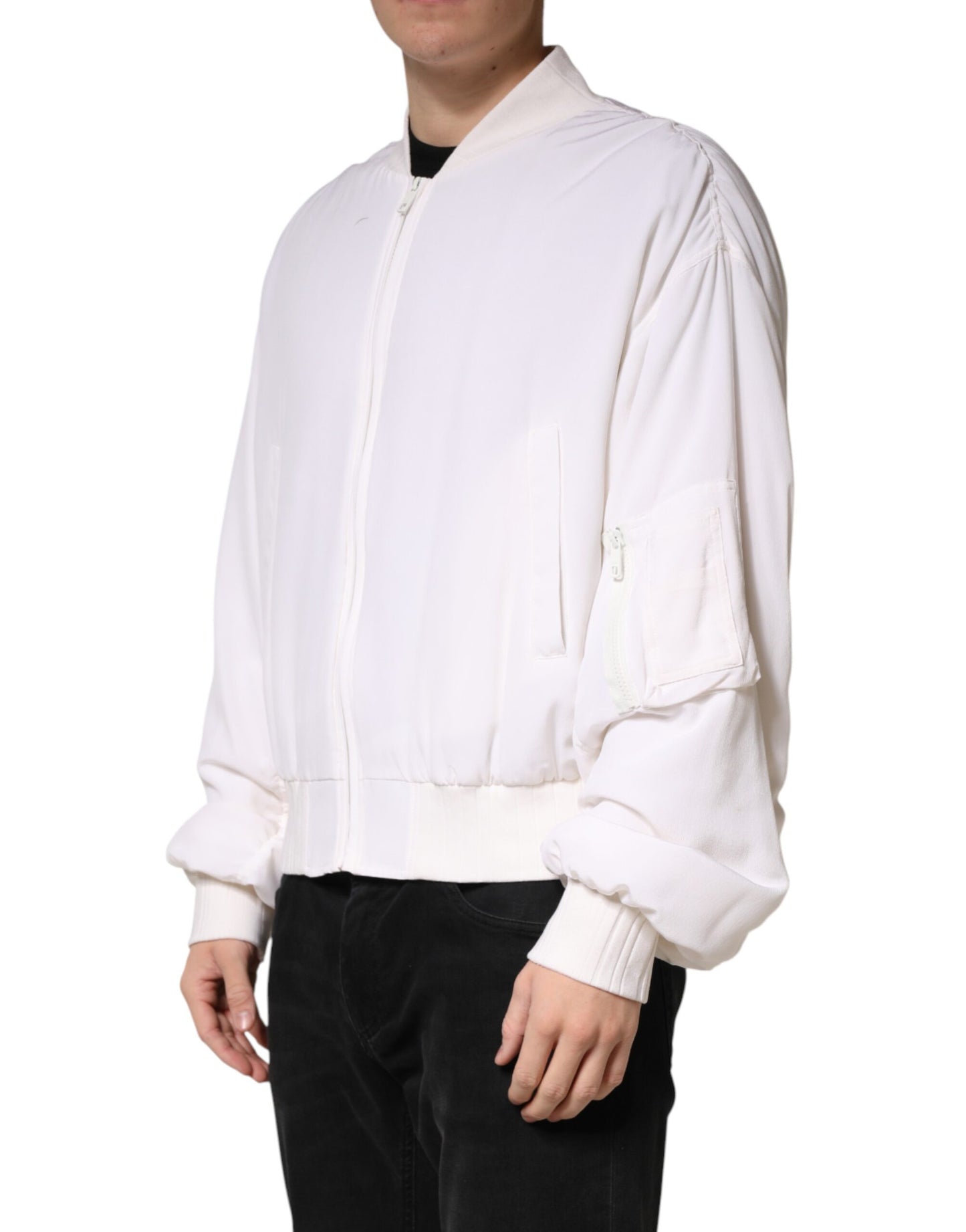 White Silk Full Zip Bomber Blouson Jacket