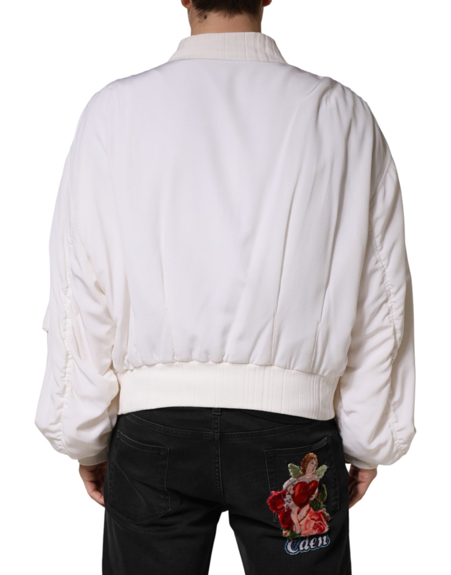White Silk Full Zip Bomber Blouson Jacket