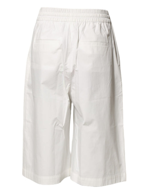 White Cotton High Waist Wide Leg Straight Bermuda Shorts