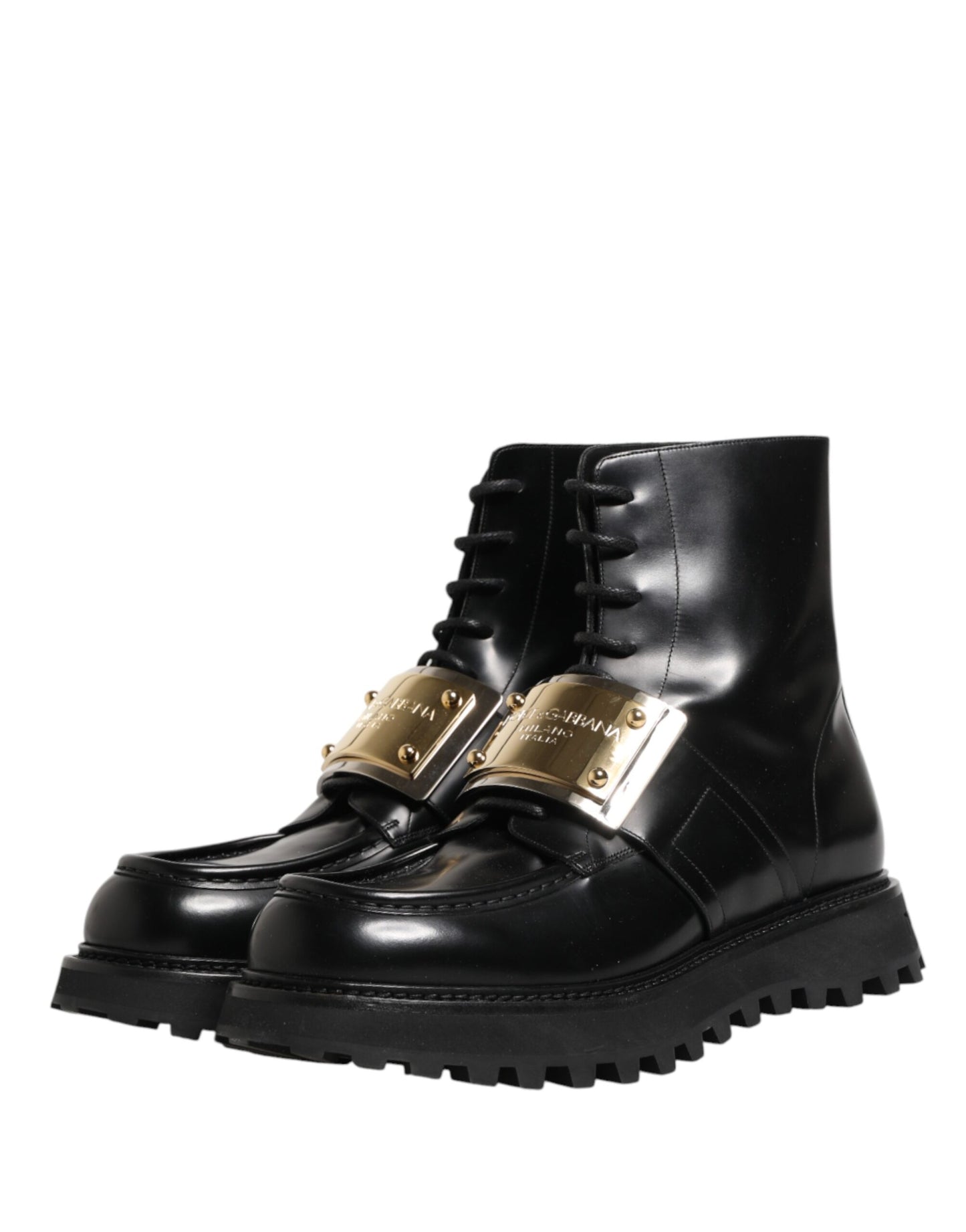 Black Leather DG Plaque Lace Up Boots Shoes