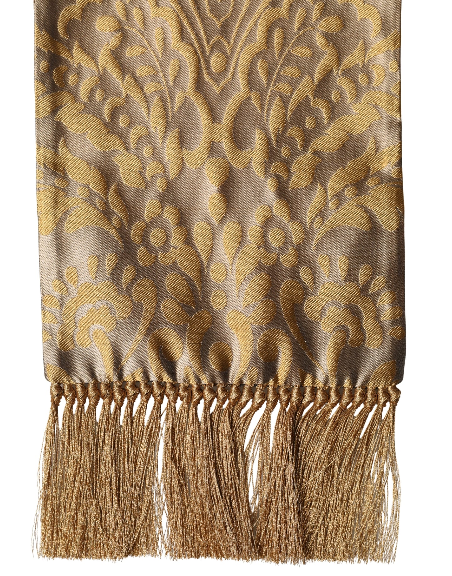 Gold Baroque Pattern Silk Blend Fringed 140cm X 15cm Scarf