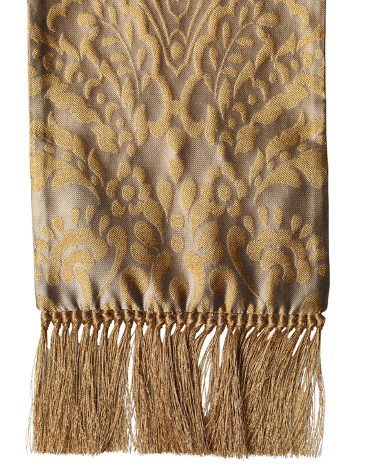 Gold Baroque Pattern Silk Blend Fringed 140cm X 15cm Scarf