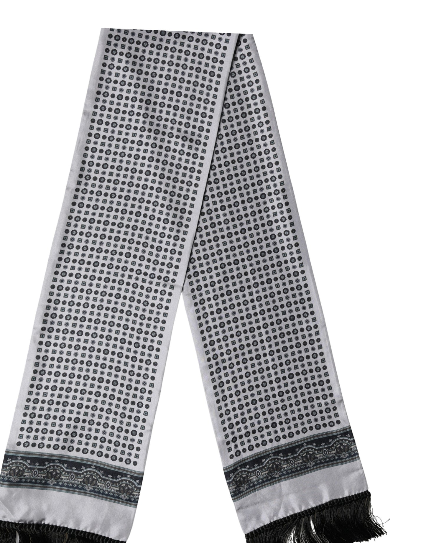 Grey Silk Geometric Print Pattern Fringe 140cm X 18cm Scarf