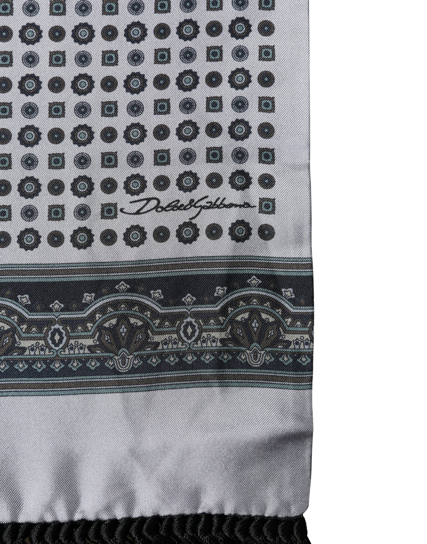 Grey Silk Geometric Print Pattern Fringe 140cm X 18cm Scarf