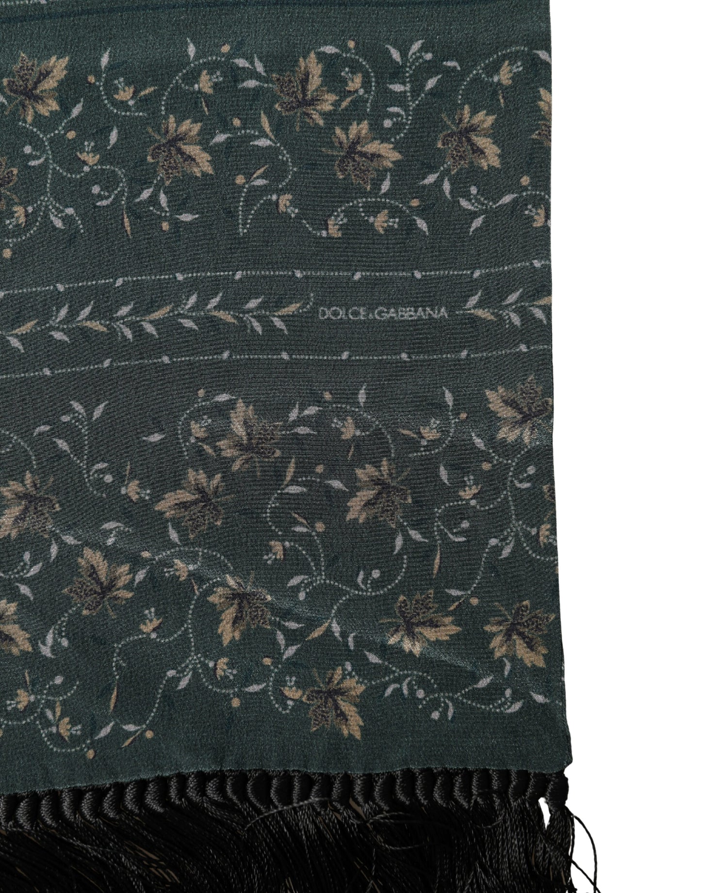 Green Silk Floral Pattern Fringed 135cm X 16cm  Scarf