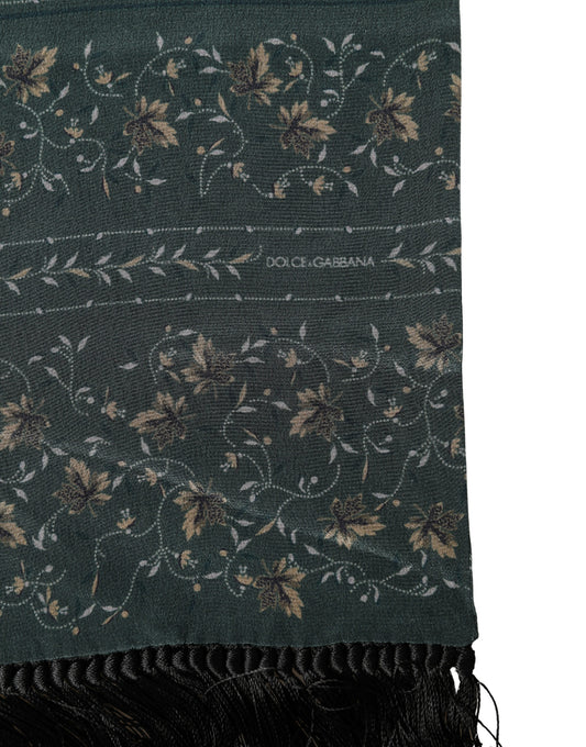 Green Silk Floral Pattern Fringed 135cm X 16cm  Scarf