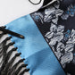 Black Blue Silk Floral Pattern Fringe 140cm x 16cm  Scarf