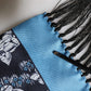 Black Blue Silk Floral Pattern Fringe 140cm x 16cm  Scarf