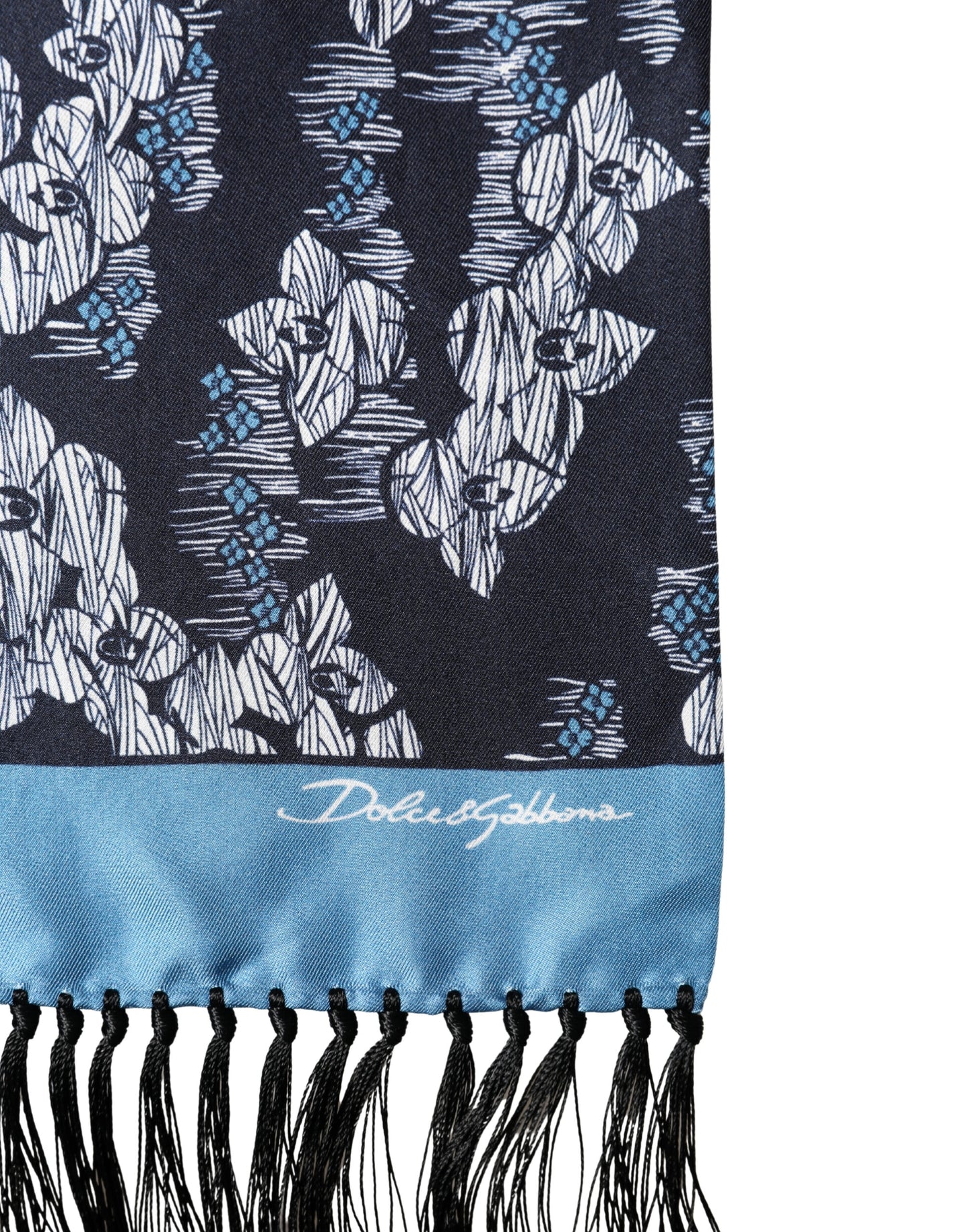 Black Blue Silk Floral Pattern Fringe 140cm x 16cm  Scarf