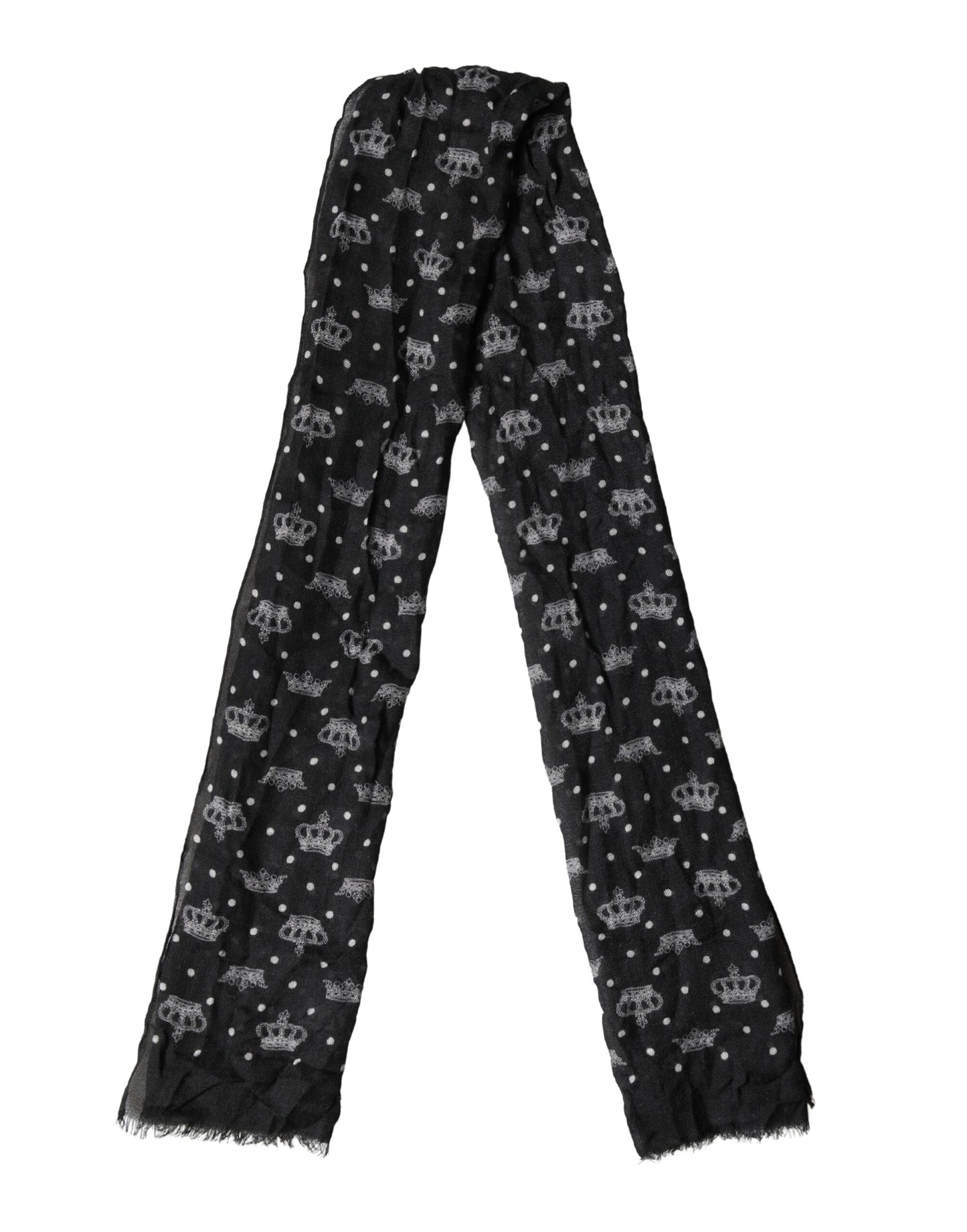 Black Wool Crown Print Fringe Neck Wrap 180cm x 65cm Scarf