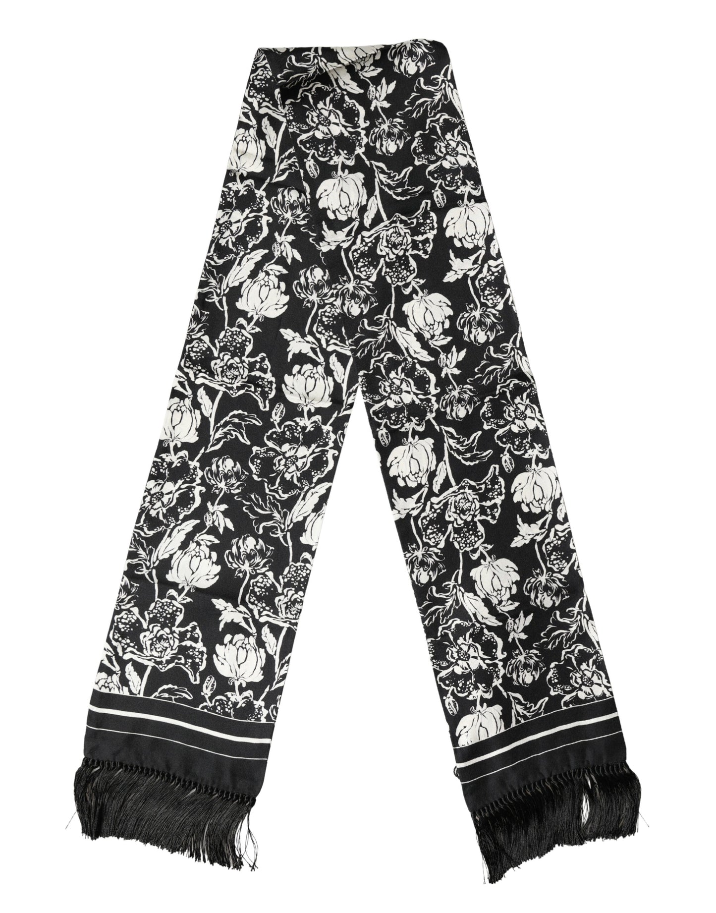 Black White Silk Floral Print Fringe 136cm X 15.5cm  Scarf