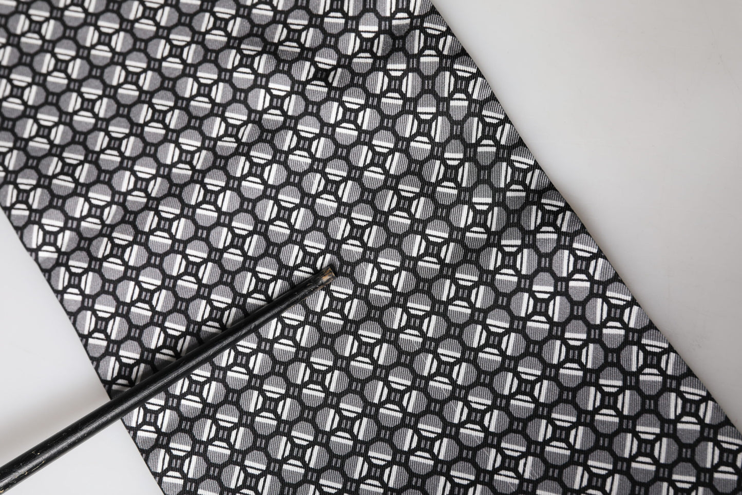 Black Silk Geometric Fringed Foulard 140cm x 15cm Scarf