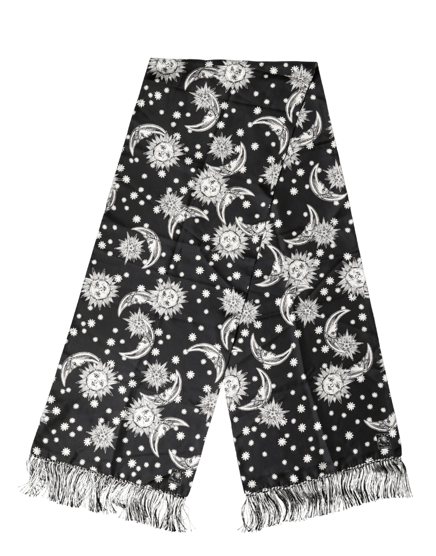 Black Silk Sun Moon Star Fringe Foulard 178cm X 33cm Scarf