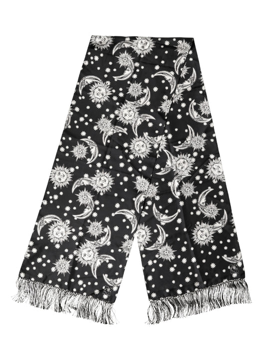 Black Silk Sun Moon Star Fringe Foulard 178cm X 33cm Scarf