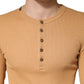 Camel Ribbed Cotton Long Sleeve Henley Sweater