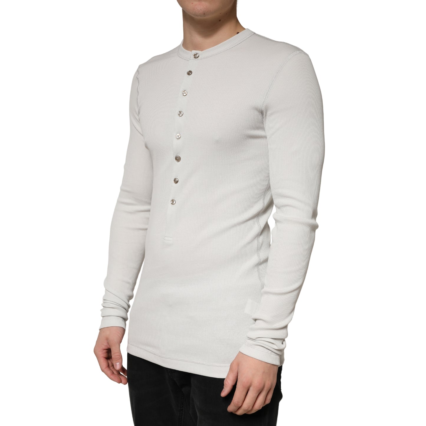 Gray Ribbed Cotton Long Sleeve Henley  Sweater