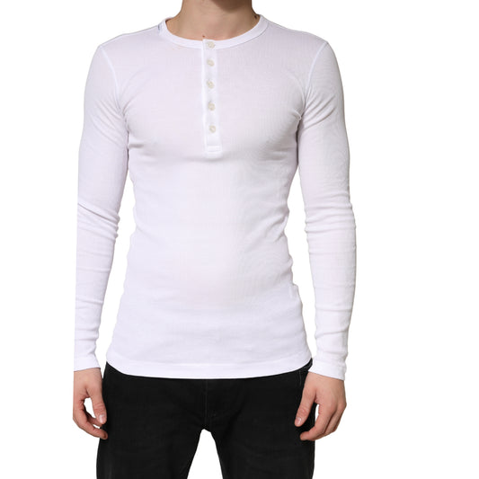 White Ribbed Cotton Long Sleeve Henley Sweater