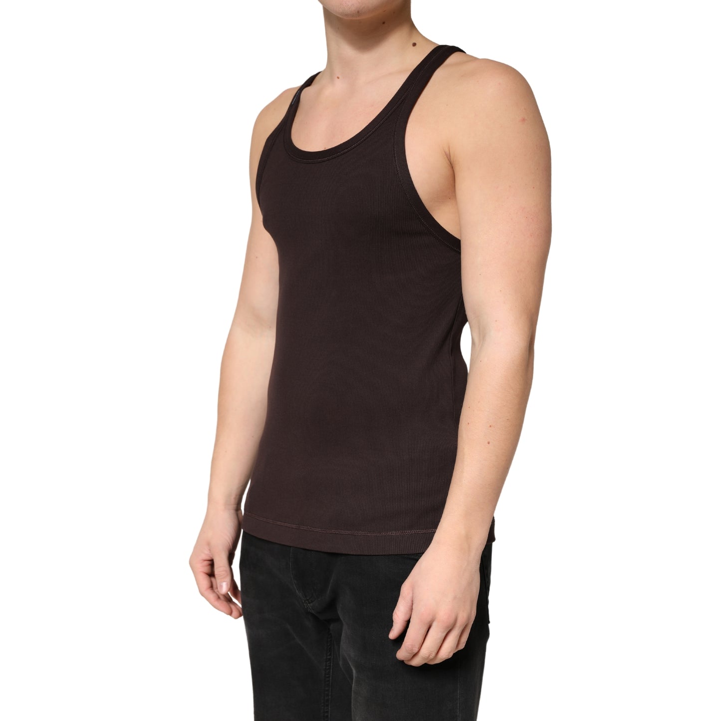 Brown Cotton Ribbed Sleeveless Tank Top  T-shirt