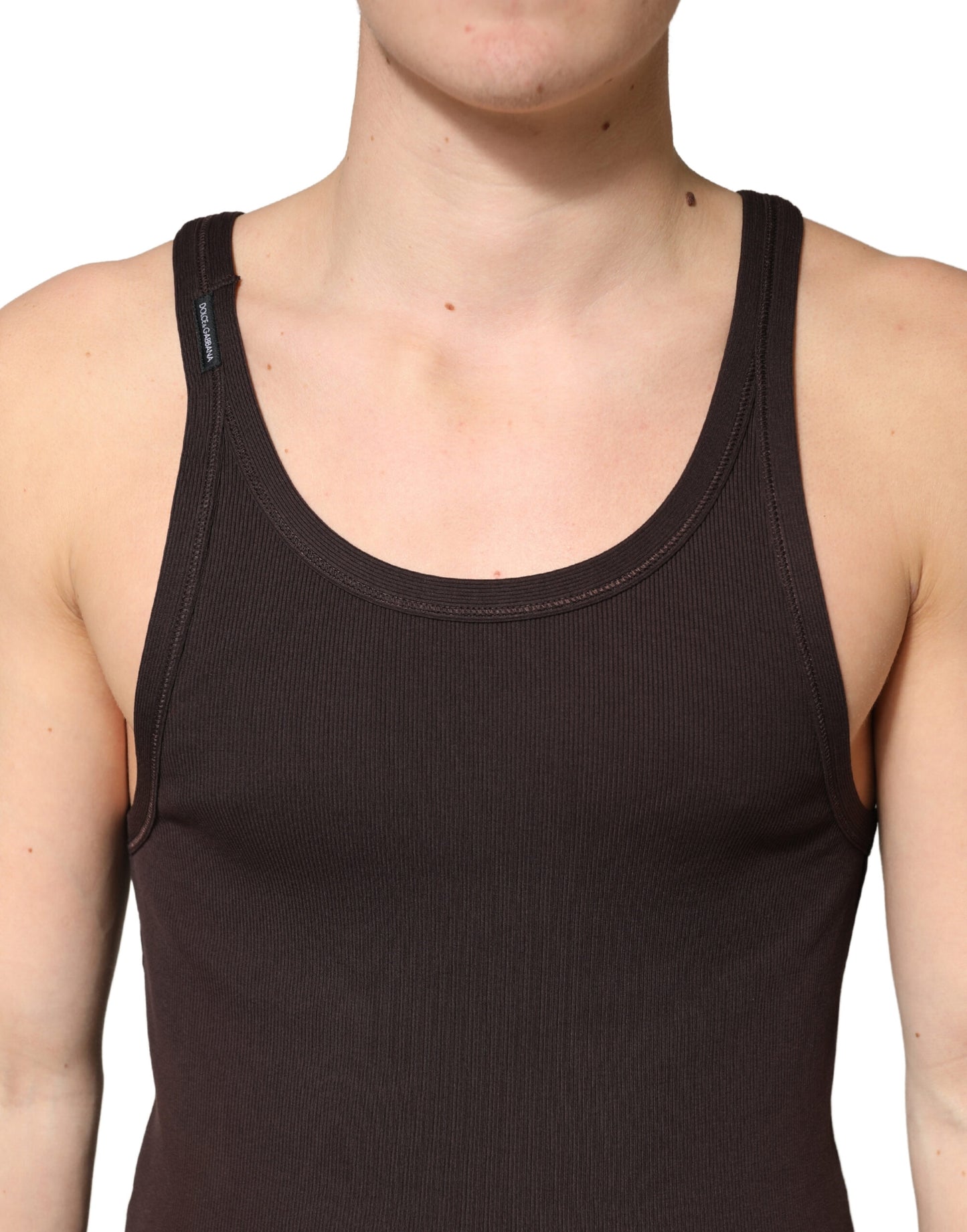 Brown Cotton Ribbed Sleeveless Tank Top  T-shirt