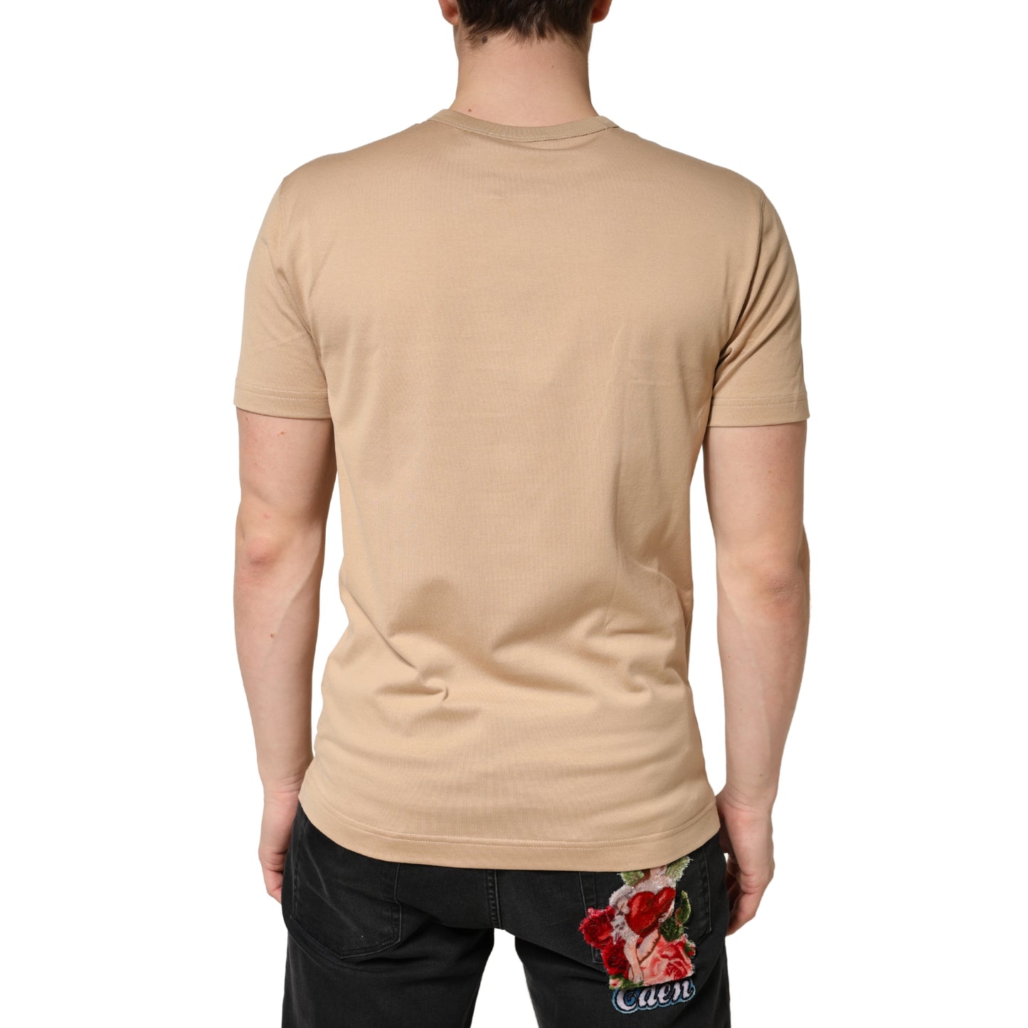 Beige Cotton Crewneck Short Sleeve  T-Shirt