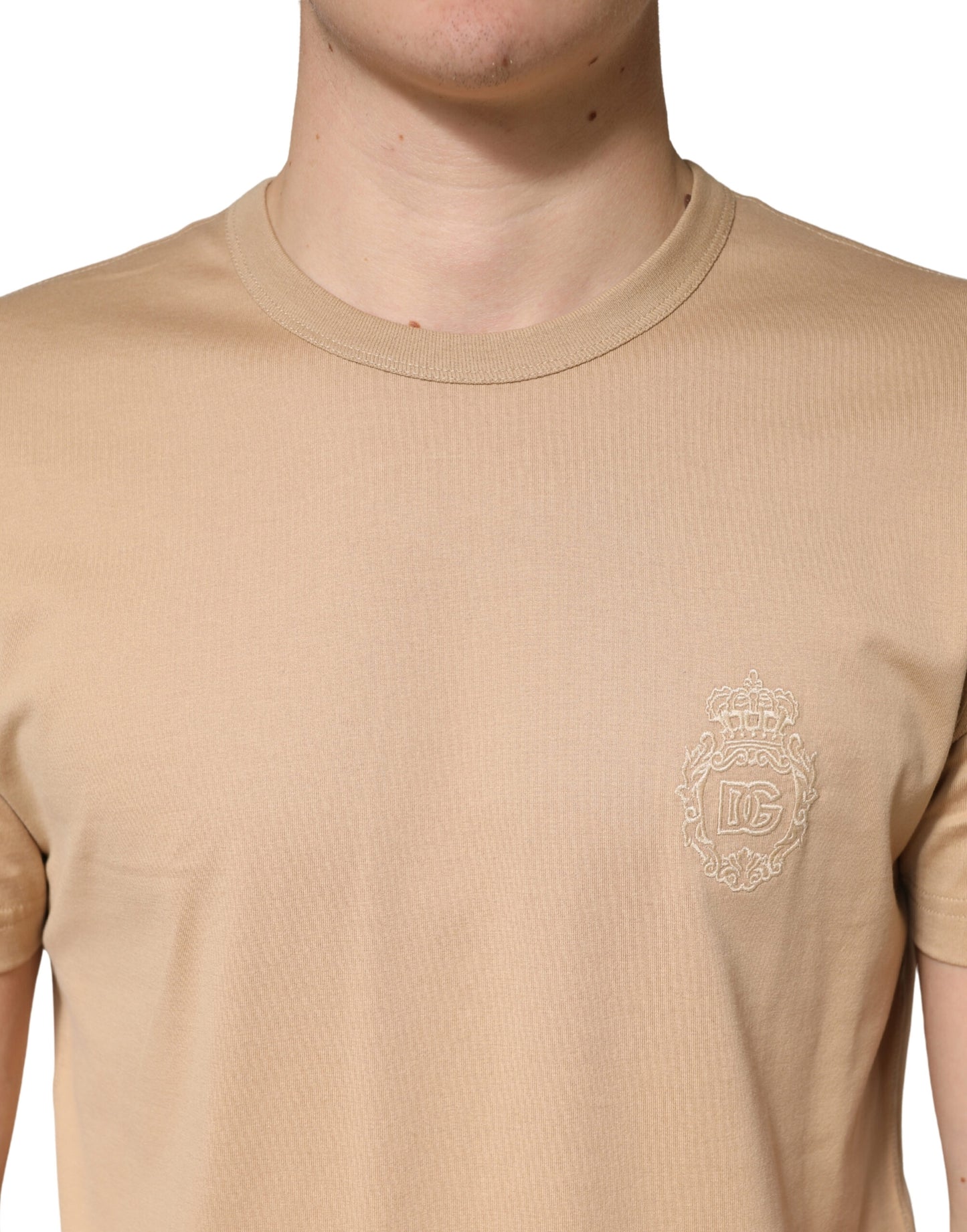 Beige Cotton Crewneck Short Sleeve  T-Shirt
