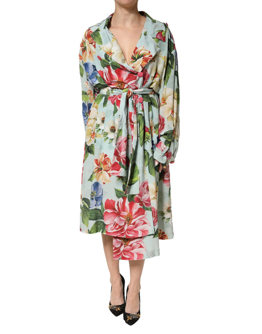 Green Floral Silk Wrap Midi Long Sleeve Dress
