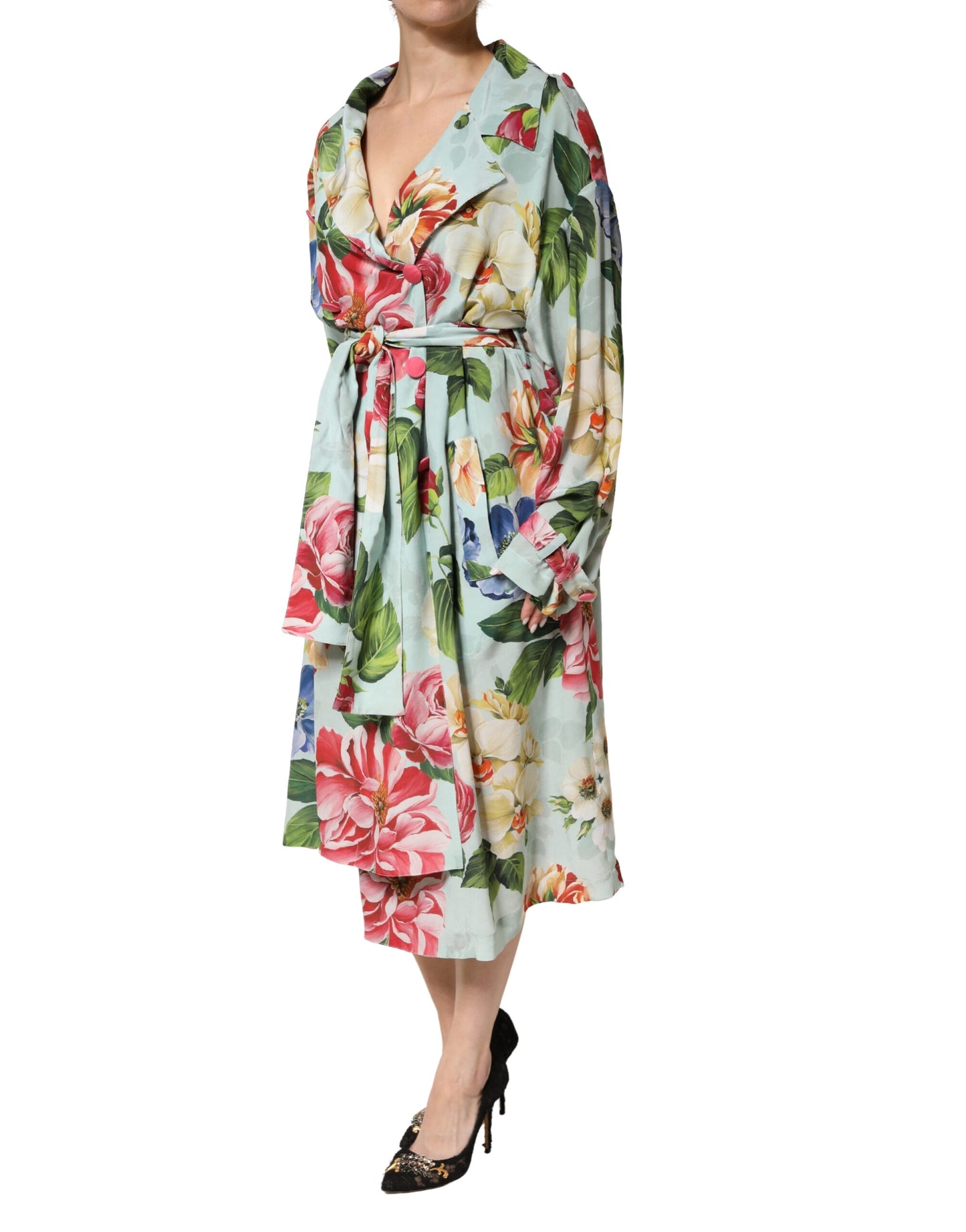 Green Floral Silk Wrap Midi Long Sleeve Dress